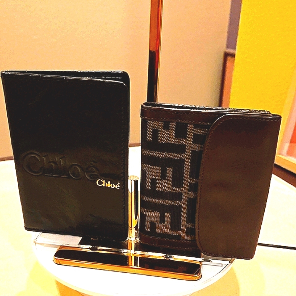 Chloe Fendi Bundle Black Leather Passport and Zucca Wallet